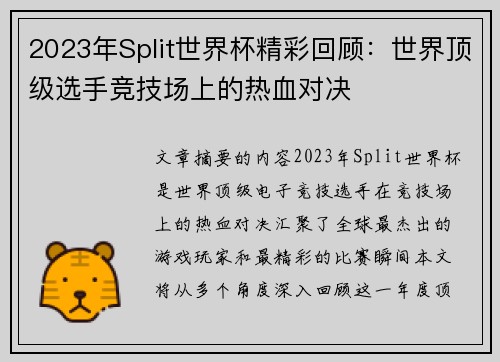 2023年Split世界杯精彩回顾：世界顶级选手竞技场上的热血对决